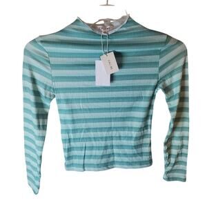 Cali Be Aqua Blue Green Striped Mock Neck Top, NWT, Small